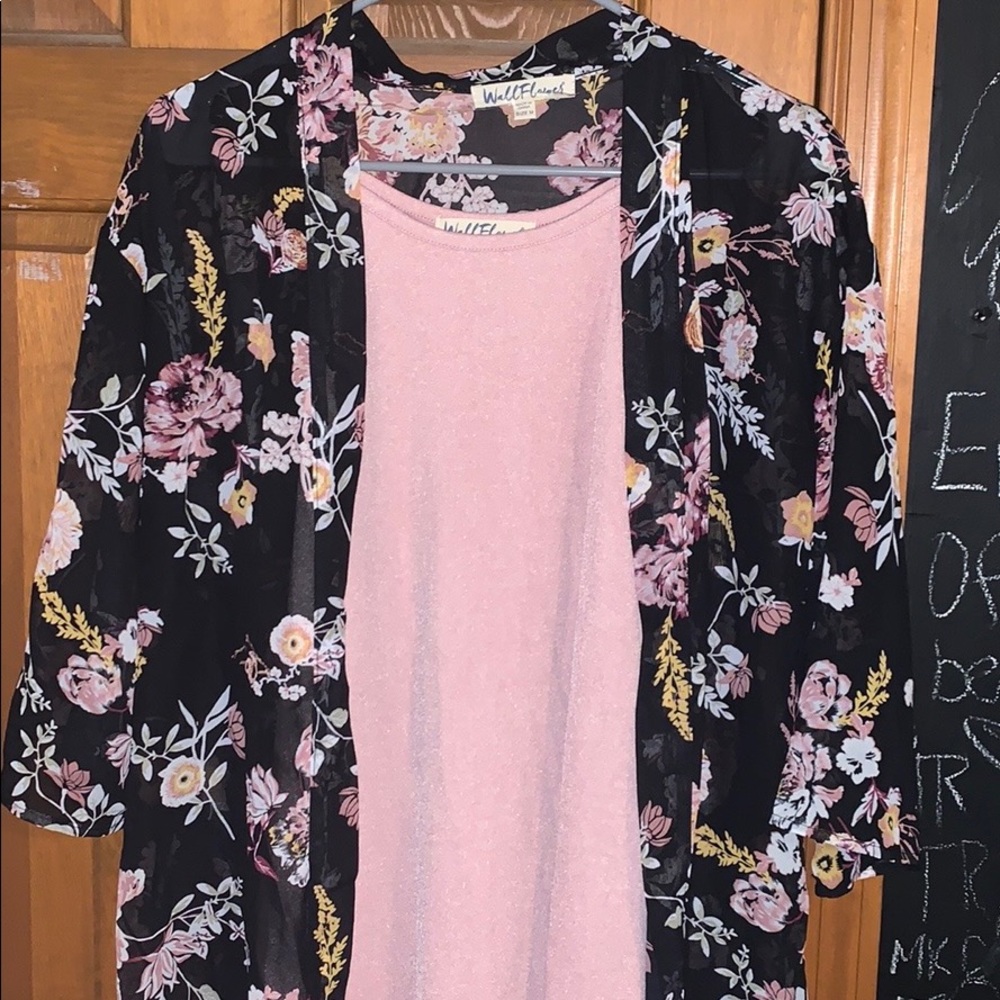 Light pink dress with black floral cardigan